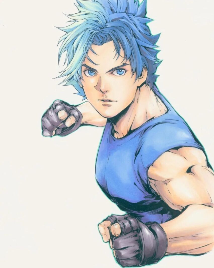 1boy andy_seto black_gloves blue_eyes blue_hair blue_shirt chinese_commentary clenched_hands commentary commentary_request cropped_torso cyber_weapon_z english_commentary fighting_stance fingerless_gloves gloves highres male_focus marker_(medium) mixed-language_commentary muscular muscular_male park_iro pectorals shirt sleeveless sleeveless_shirt solo traditional_media v-shaped_eyebrows