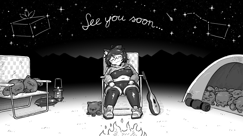1girl :3 ahoge animal_ears big_dipper breasts cake campfire camping castella_(food) chair commission constellation cropped_hoodie dog dog_ears edie_crop_hoodie english_text food grill guitar halftone highres hood hoodie indie_virtual_youtuber instrument lantern large_breasts meme_attire mint_castella mint_castella_(1st_costume) monochrome mountainous_horizon multiple_dogs navel night night_sky on_chair oomfie_(mint_castella) plump shooting_star short_hair sky sleeping sleeping_bag star_(sky) starry_sky tent thighhighs virtual_youtuber william_leonard