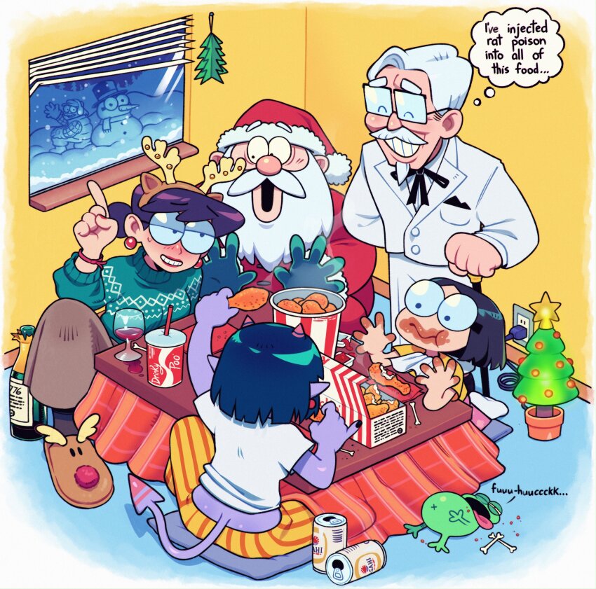 3boys 3girls antlers bottle bucket_of_chicken chicken_(food) chicken_leg chicken_nuggets colonel_sanders coolfrog_(punch_punch_forever!) cup demon_tail disposable_cup drinking_glass drinking_straw drunk eating english_text fake_antlers fast_food food fried_chicken gloves highres holding holding_food horns kotatsu mama_(punch_punch_forever!) matsumoto_gogo matsumoto_nono meat mother_and_daughter multiple_boys multiple_girls punch_punch_forever! reindeer_antlers santa_claus sauce siblings sisters snowman speech_bubble speedoru table tail thought_bubble wine_bottle wine_glass