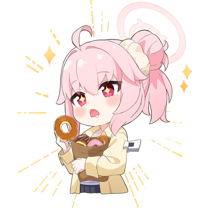 +_+ 1girl ahoge ame. bag black_skirt blue_archive blush brown_jacket chibi donut drooling food hair_between_eyes hair_bun hair_intakes halo highres holding holding_food hugging_object jacket natsu_(band)_(blue_archive) natsu_(blue_archive) open_clothes open_jacket open_mouth paper_bag pink_hair pleated_skirt purple_eyes shirt side_ponytail simple_background single_side_bun skirt solo sparkle white_background white_shirt