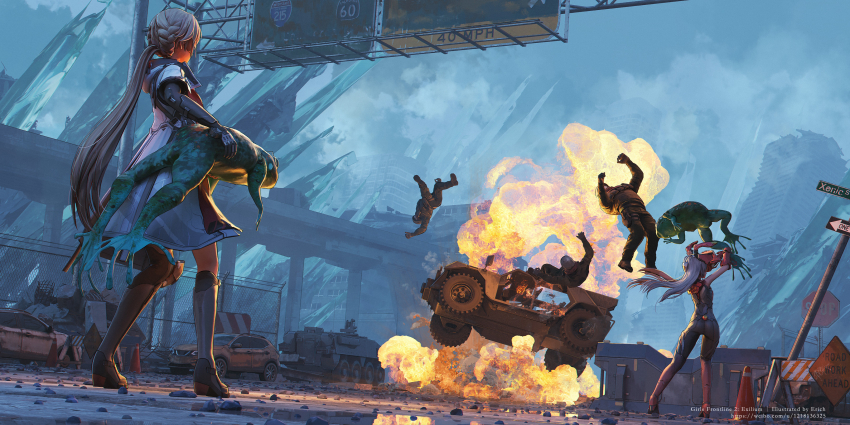 2girls 3others absurdres animal_ears armor artist_name black_gloves blonde_hair braid building car chinese_commentary coat commentary_request copyright_name erich explosion fake_animal_ears fire frog from_behind full_body girls&#039;_frontline girls&#039;_frontline_2:_exilium gloves grey_hair groza_(girls&#039;_frontline_2) highres highway holding holding_frog krolik_(girls&#039;_frontline_2) leotard long_hair mechanical_ears midair motor_vehicle multiple_girls multiple_others outdoors playboy_bunny ponytail puddle rabbit_ears reflection reflective_water road_sign rubble ruins sign soldier speed_limit_sign standing stop_sign tactical_clothes tactical_playboy_bunny traffic_cone vehicle_request very_long_hair warning_sign watermark web_address weibo_username what white_coat wire_fence