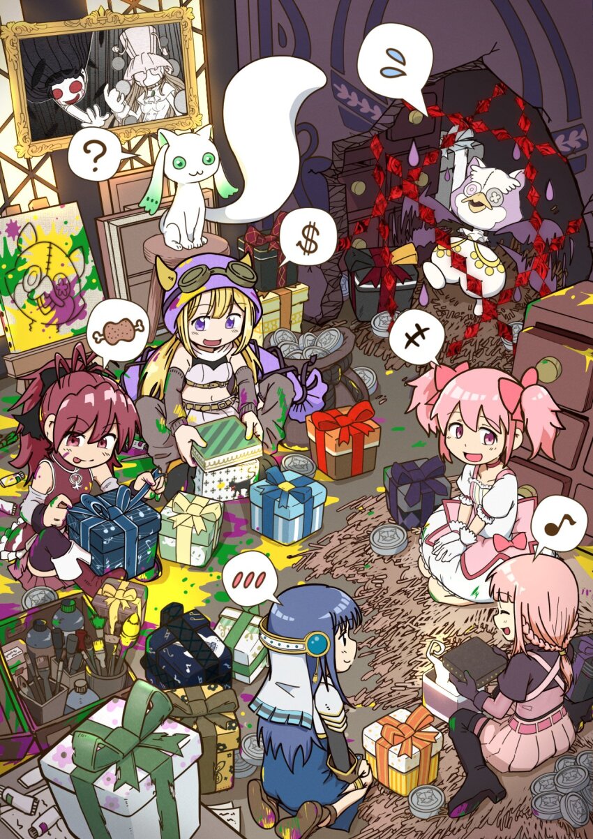 5girls ? ^_^ a-q_(madoka_magica) afterimage armor bare_shoulders belt belt_buckle black_boots black_bow black_shirt black_shorts black_thighhighs black_wrist_cuffs blonde_hair blue_dress blue_eyes blue_gemstone blue_hair blunt_bangs bodystocking boots bow braid breastplate brown-framed_eyewear brown_belt brown_bridal_gauntlets bubble_skirt buckle chest_jewel child&#039;s_drawing choker closed_eyes coin collarbone collared_dress commentary_request cow_horns crop_top detached_hood detached_sleeves dress easel fake_horns flying_sweatdrops food frilled_dress frilled_skirt frilled_sleeves frills full_body gem gift gloves goggles goggles_on_headwear grey_arm_warmers grey_sleeves grey_thighhighs hair_bow hair_ornament half_up_half_down_braid hands_on_lap high_collar high_heel_boots high_heels highres holding_lid horns indoors kaname_madoka knee_boots kneeling kure_kirika long_dress long_sleeves looking_at_another loose_socks low_ponytail low_twintails magical_girl mahou_shoujo_madoka_magica mahou_shoujo_madoka_magica_magia_exedra meat midriff mikuni_oriko miniskirt mitsuki_felicia money_bag motion_lines multiple_girls musical_note nanami_yachiyo navel nighthawk_(madoka_magica) no_cape okai_(pixiv6333) open_mouth paint_splatter painting_(object) pauldrons picture_frame pink_belt pink_bow pink_dress pink_hair pink_skirt pleated_skirt ponytail puffy_short_sleeves puffy_sleeves purple_eyes purple_hood purple_ribbon red_boots red_choker red_dress red_gemstone red_hair ribbon round_eyewear sakura_kyoko scarf shirt short_dress short_hair short_sleeves short_twintails shorts shorts_under_skirt shoulder_armor sidelocks sitting skirt sleeveless sleeveless_dress sleeveless_shirt socks solo spoken_+++ spoken_blush spoken_dollar_sign spoken_flying_sweatdrops spoken_food spoken_musical_note spoken_question_mark square_neckline talking tamaki_iroha tareme thigh_boots thighhighs turtleneck turtleneck_shirt twintails two-tone_shirt veil waist_bow waving_arm white_gloves white_scarf white_shirt white_skirt white_sleeves white_veil wrist_cuffs yellow_horns