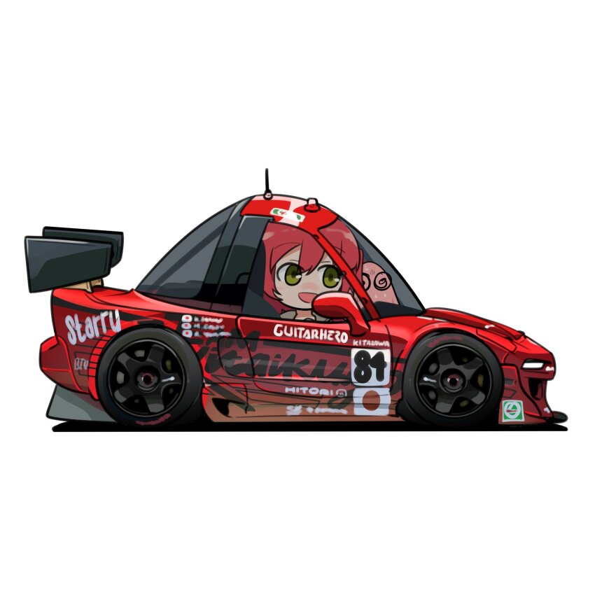 1girl absurdres bocchi_the_rock! car castrol gotoh_hitori gotoh_hitori_(tsuchinoko) green_eyes highres holeecrab honda_nsx japanese_flag looking_to_the_side motor_vehicle open_mouth race_vehicle racecar red_hair simple_background smile spoiler_(automobile) vehicle_focus white_background