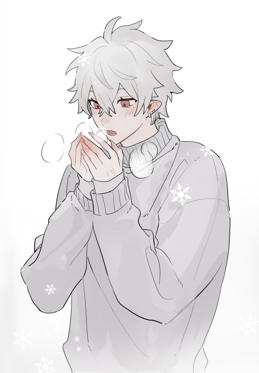 1boy abbitr2 ahoge blush breath cold commentary crossed_bangs ear_piercing earrings fang grey_sweater hair_between_eyes hands_up highres jewelry kuzuha_(nijisanji) long_sleeves lower_teeth_only male_focus mole mole_under_eye nijisanji open_mouth piercing pointy_ears red_eyes short_hair simple_background skin_fang snowflakes solo sweater symbol-only_commentary teeth turtleneck turtleneck_sweater upper_body virtual_youtuber warming_hands white_background white_hair