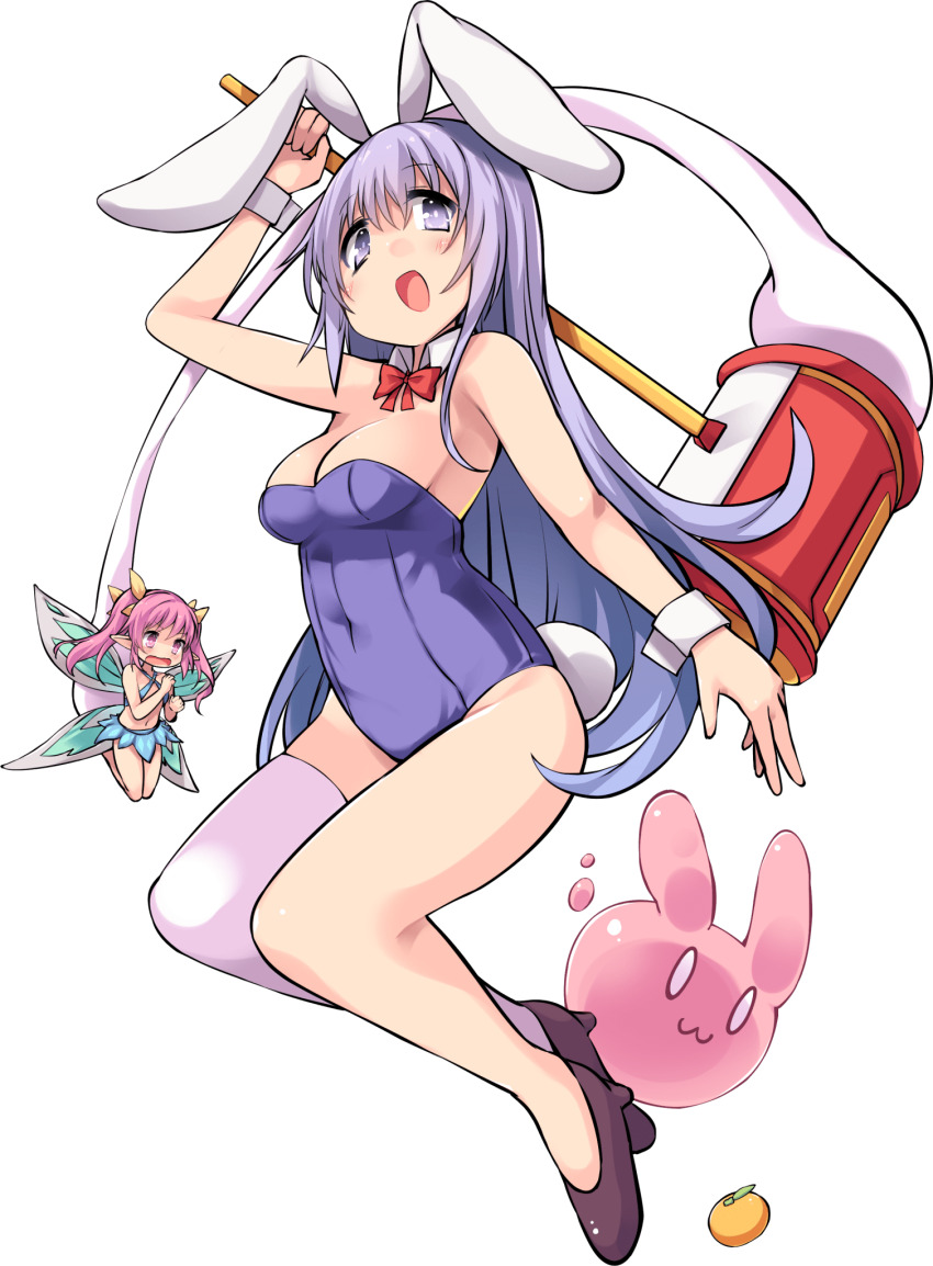 2girls animal_ears asymmetrical_legwear bare_arms bare_legs bare_shoulders bow bowtie breasts cleavage covered_navel detached_collar erina_(rabi-ribi) fairy fairy_wings full_body hammer high_heels highres holding holding_hammer kkpnex leotard long_hair medium_breasts midriff mini_person minigirl multiple_girls navel toy_hammer pink_eyes pink_hair playboy_bunny purple_eyes purple_footwear purple_hair purple_leotard rabbit_ears rabi-ribi red_bow red_bowtie ribbon_(rabi-ribi) single_thighhigh strapless strapless_leotard thighhighs twintails very_long_hair white_thighhighs white_wrist_cuffs wings wrist_cuffs