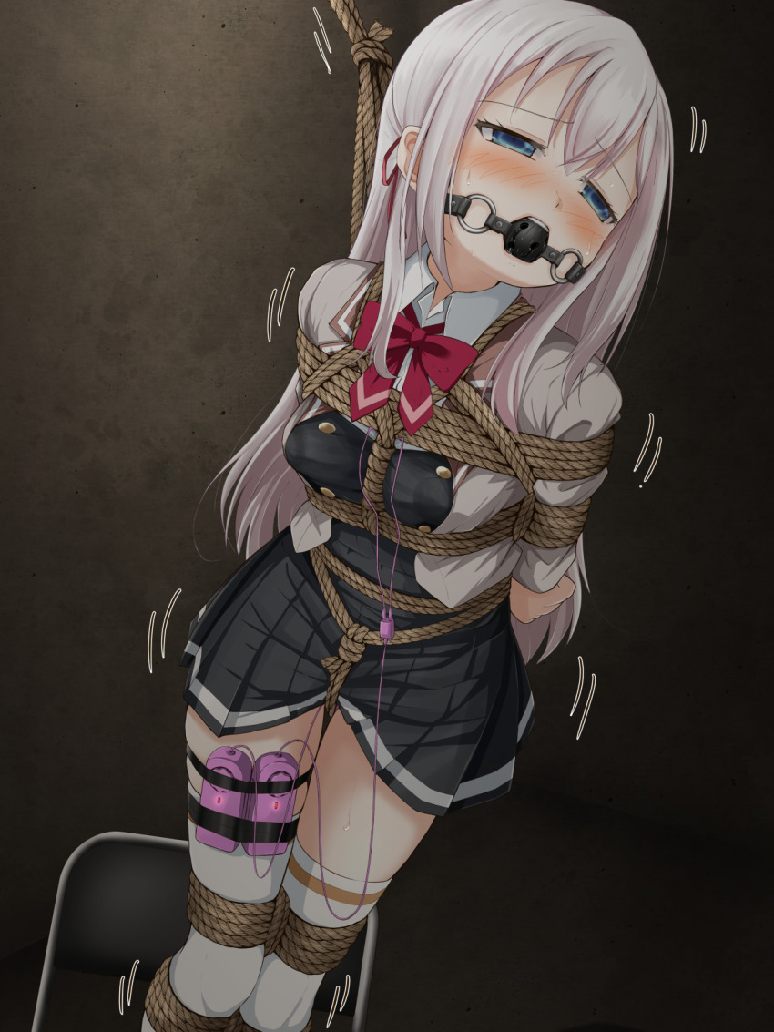 1girl alisa_mikhailovna_kujou arms_behind_back ball_gag bdsm between_breasts black_shirt black_skirt blue_eyes bondage bound bound_arms bound_breasts bound_legs bound_thighs bound_torso breast_bondage breasts chair clenched_hand clothes_lift collared_shirt crotch_rope drooling dungeon female_focus femuto folding_chair gag gagged grey_jacket hair_ornament hair_ribbon highres indoors jacket long_hair looking_afar looking_to_the_side looking_up medium_breasts motion_lines multicolored_hair on_chair panties perky_breasts pleated_skirt red_ribbon ribbon rope saliva saliva_trail school_uniform seiren_academy_school_uniform sex_toy shibari shibari_over_clothes shirt simple_background skindentation skirt skirt_lift solo standing standing_on_chair suspension sweat sweatdrop thigh_gap thigh_strap thighhighs thighs tokidoki_bosotto_roshia-go_de_dereru_tonari_no_alya-san two-tone_hair underwear vibrator vibrator_cord vibrator_in_thigh_strap vibrator_under_clothes vibrator_under_panties white_hair white_shirt white_thighhighs