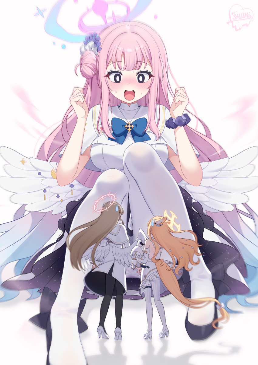 3girls absurdres angel_wings animal_ears artist_name black_pantyhose black_scrunchie blonde_hair blue_archive brown_hair capelet commentary cross_halo dress feathered_wings fox_ears fox_girl fox_tail giant giantess gradient_halo hair_bun halo highres long_hair long_sleeves low_wings mika_(blue_archive) multicolored_halo multiple_girls nagisa_(blue_archive) open_mouth pantyhose pink_hair pink_halo ryu.o scrunchie seia_(blue_archive) signature simple_background single_side_bun size_difference standing sweatdrop tail tea_party_(blue_archive) white_background white_capelet white_dress white_pantyhose white_wings wing_ornament wings wrist_scrunchie yellow_eyes yellow_halo