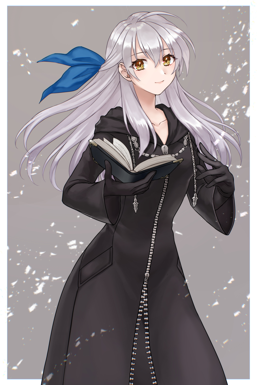 1girl absurdres alternate_costume black_coat_(kingdom_hearts) black_gloves black_robe blue_ribbon book breasts closed_mouth collarbone commentary_request commission cowboy_shot crossover fire_emblem fire_emblem:_radiant_dawn gloves grey_background grey_hair hair_ribbon hazuki_(nyorosuke) highres holding holding_book kingdom_hearts long_hair long_sleeves looking_at_viewer medium_breasts micaiah_(fire_emblem) nintendo open_book ribbon robe smile solo standing very_long_hair yellow_eyes