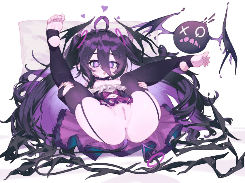 1girl :o anus black_bridal_gauntlets black_garter_straps black_thighhighs blur_censor breasts breasts_out bridal_gauntlets censored clothing_cutout creature demon_girl demon_tail demon_wings dress garter_straps hair_between_eyes head_wings heart highres knees_to_chest long_hair lting lying medium_dress mosou_keito navel navel_cutout nipples no_pupils on_back original purple_dress purple_eyes purple_hair pussy small_breasts solo spread_legs tail teeth thighhighs toeless_legwear twintails upper_teeth_only very_long_hair wings