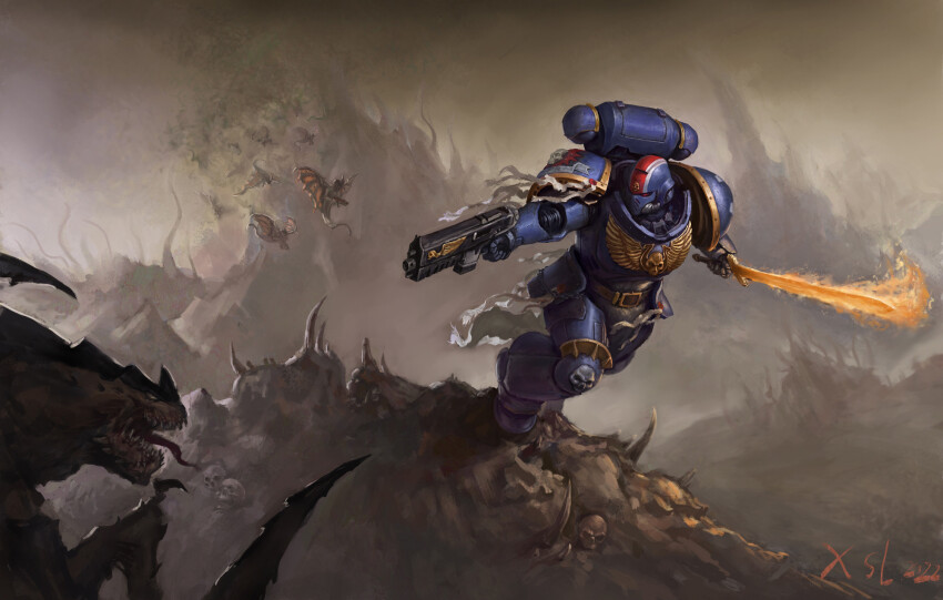 1boy adeptus_astartes armor armored_boots bolter boots dual_wielding fire flaming_sword flaming_weapon full_armor full_body grey_sky gun helmet highres holding holding_gun holding_sword holding_weapon outdoors pauldrons primaris_space_marine running shoulder_armor shu_sheyu skull sky solo space_marine sword tyranid ultramarines warhammer_40k weapon