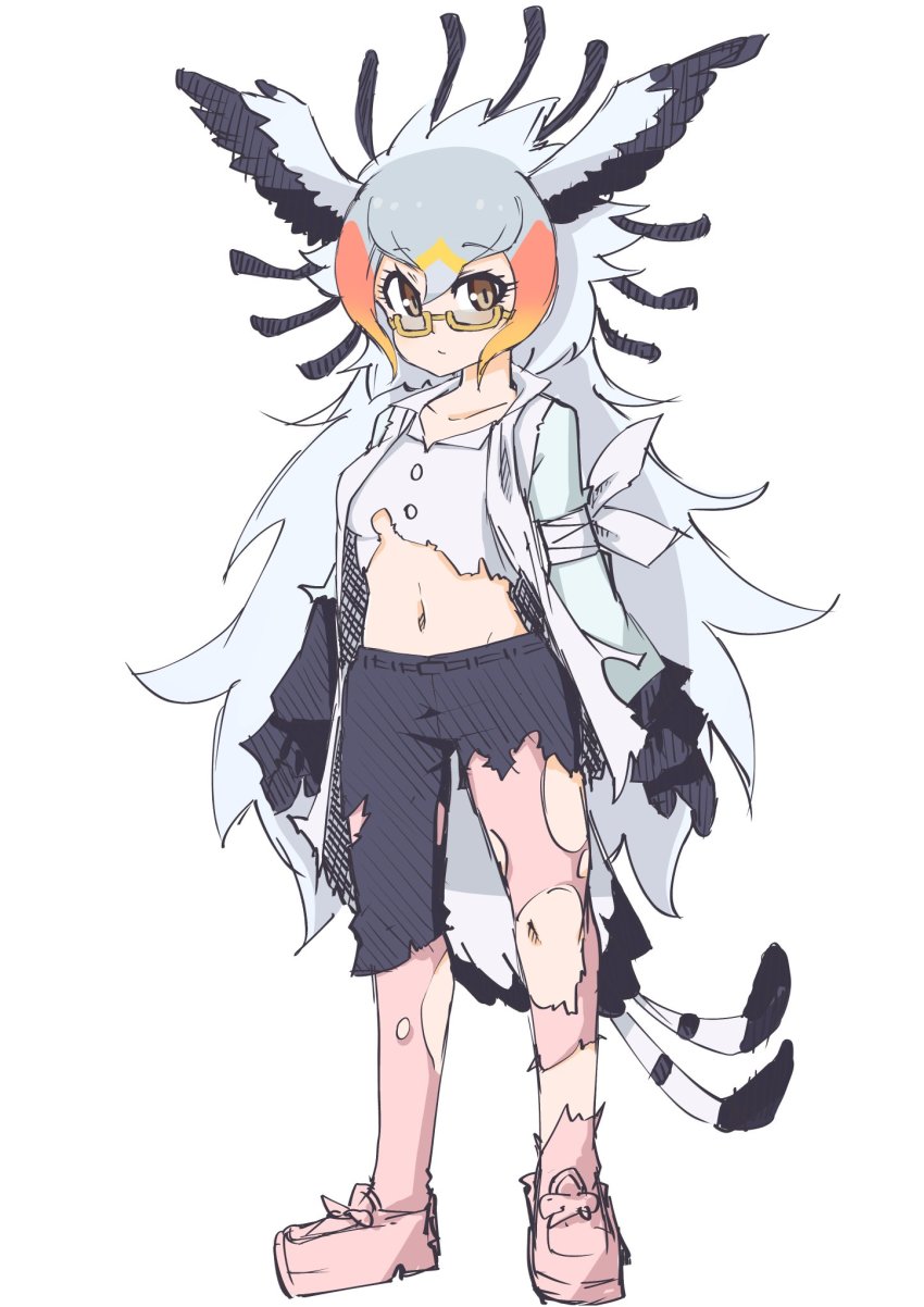 1girl alternate_costume bird_girl bird_tail bird_wings black_gloves black_pants blonde_hair brown_eyes coat commentary_request darusu glasses gloves grey_hair hair_between_eyes head_wings highres kemono_friends long_hair midriff multicolored_hair navel orange_hair pants pantyhose pink_pantyhose pink_shoes secretarybird_(kemono_friends) semi-rimless_eyewear shirt shoes solo survival_friends tail torn_clothes torn_coat torn_pants torn_pantyhose torn_shirt white_coat white_hair white_shirt wings