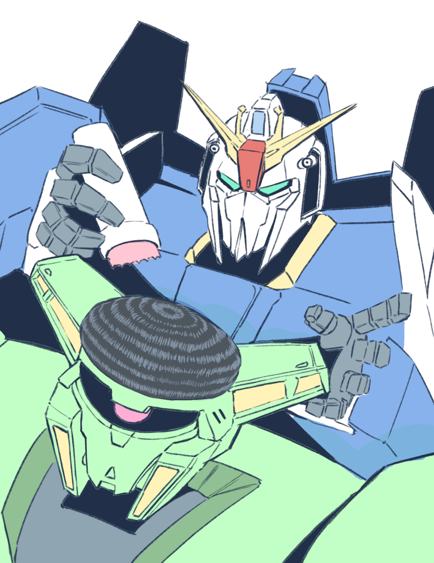 bolinoak_sammahn choso_giving_toudou_a_haircut_(meme) cutting_another&#039;s_hair cutting_hair electric_razor flat_color green_eyes gundam highres mecha mecha_focus meme mobile_suit no_humans razor robot uncleduk upper_body v-fin white_background zeta_gundam_(mobile_suit)