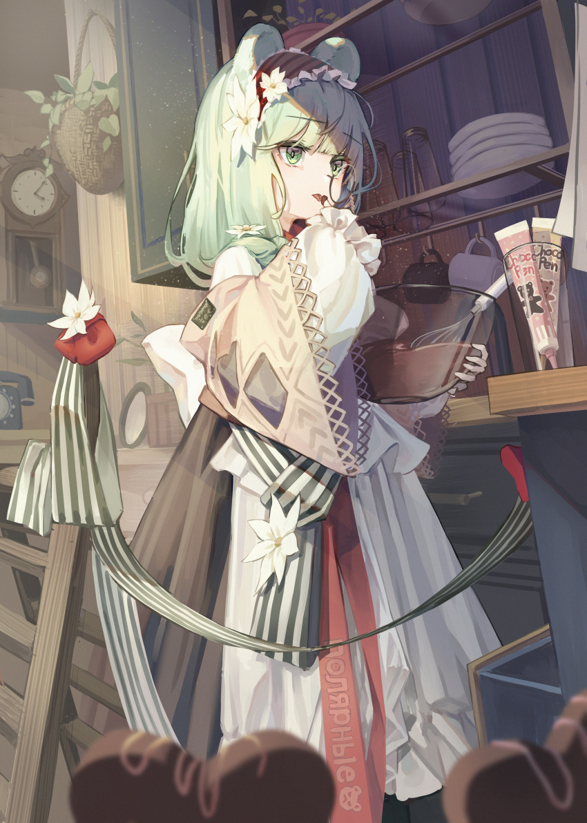 1girl absurdres alternate_costume animal_ears antique_phone apron arknights bear_ears bear_girl bowl brown_dress brown_shawl chair chocolate clock commentary cowboy_shot cup drawer dress flower green_eyes green_hair green_ribbon hair_flower hair_ornament hanging_plant headdress highres holding holding_bowl iasimo indoors istina_(arknights) istina_(bibliosmia)_(arknights) licking licking_finger long_sleeves mirror official_alternate_costume open_mouth phone plate ribbon rotary_phone shawl sleeves_past_wrists solo striped_ribbon swept_bangs symbol-only_commentary whisk white_apron white_flower white_ribbon