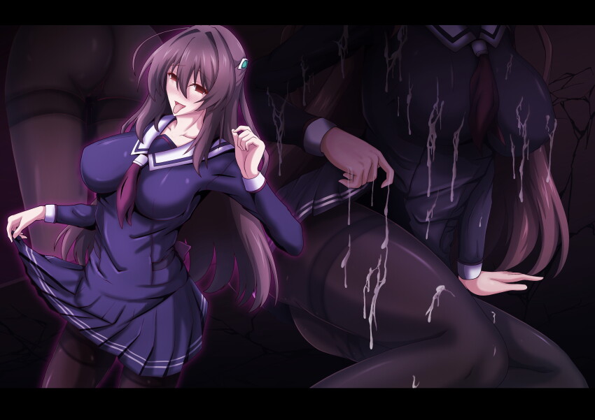 1girl :p absurdres ahoge aoi_tabane ass black_pantyhose blush breasts bukkake clothes_lift commission covered_erect_nipples cum cum_on_body cum_on_clothes cum_on_hair hair_intakes hair_ornament highres katsuragi_marina kouyoku_senki_exs-tia large_breasts letterboxed long_hair looking_at_viewer multiple_views open_mouth pantyhose purple_hair red_eyes school_uniform serafuku skeb_commission skirt skirt_lift smile solo suggestive_fluid thighband_pantyhose tongue tongue_out