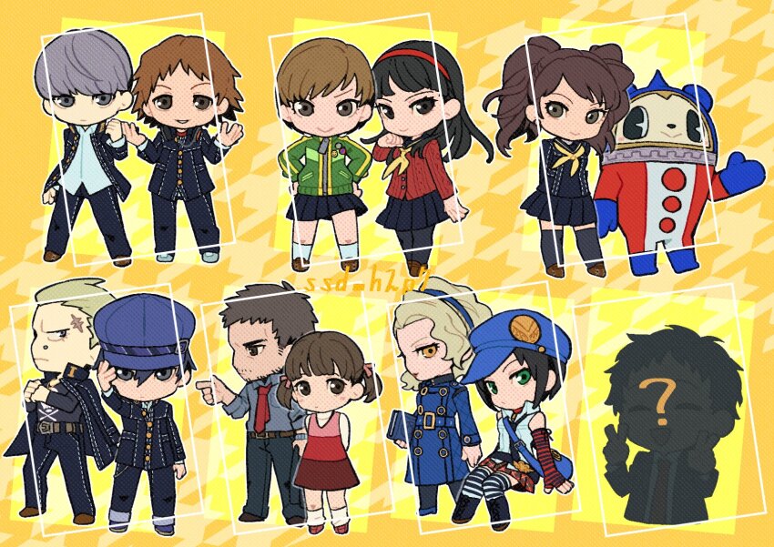 5boys 6+girls ? adachi_tooru amagi_yukiko arm_warmers arms_behind_back beard_stubble black_hair black_jacket blue_hairband blue_hat book brown_eyes brown_hair chibi closed_eyes double_v doujima_nanako doujima_ryoutarou dress facial_hair grey_hair hair_ribbon hairband hanamura_yousuke hat highres holding holding_book jacket kujikawa_rise kuma_(persona_4) long_hair margaret_(persona) marie_(persona_4) multiple_boys multiple_girls narukami_yu necktie open_clothes open_jacket open_mouth persona persona_4 red_hairband ribbon satonaka_chie scar school_uniform shirogane_naoto shirt short_hair ssd_h2p7 striped_clothes striped_thighhighs stubble tatsumi_kanji thighhighs twintails twitter_username v yasogami_school_uniform