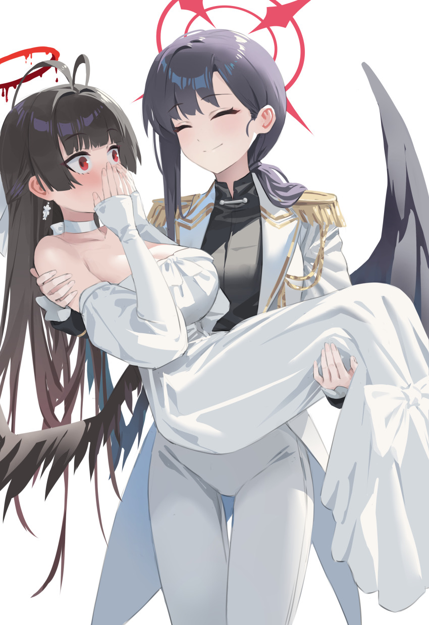 2girls absurdres black_hair black_shirt black_wings blue_archive blush carrying detached_sleeves dress feathered_wings hair_behind_ear highres ichika_(blue_archive) ichika_(suit)_(blue_archive) jacket long_hair looking_at_another low_ponytail multiple_girls official_alternate_costume official_alternate_hairstyle pants ponytail princess_carry red_eyes shirt shortofsugar sidelocks sleeves_past_wrists tsurugi_(blue_archive) tsurugi_(dress)_(blue_archive) white_dress white_jacket white_pants wings