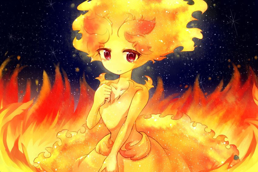 1girl colored_skin dress fiery_hair fire hand_up looking_at_viewer red_eyes smile solo st&amp;rs star_(sky) tanpopo_hayabusa-maru yellow_skin