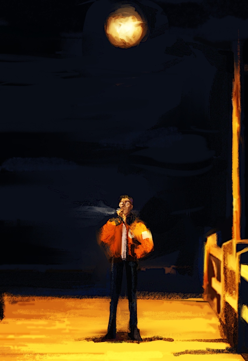 1boy arm_up black_pants bomber_jacket commentary disco_elysium full_body full_moon glasses hand_in_pocket hashtag-only_commentary highres holdwatermaster jacket kim_kitsuragi male_focus moon night night_sky orange_jacket pants rimless_eyewear round_eyewear shirt sky smoke smoke_trail smoking solo standing white_shirt