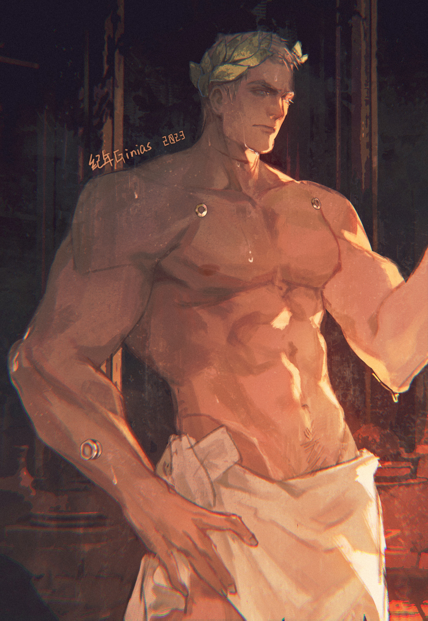 1boy 2023 abs absurdres artist_name blonde_hair blue_eyes body_hair chromatic_aberration commentary cowboy_shot dated english_commentary ginias hand_on_own_hip highres laurel_crown male_focus male_pubic_hair muscular muscular_male naked_towel navel nipples obliques pectorals primarch pubic_hair pubic_hair_peek roboute_guilliman scar scar_on_neck short_hair sidelighting signature solo sweat towel ultramarines warhammer_40k