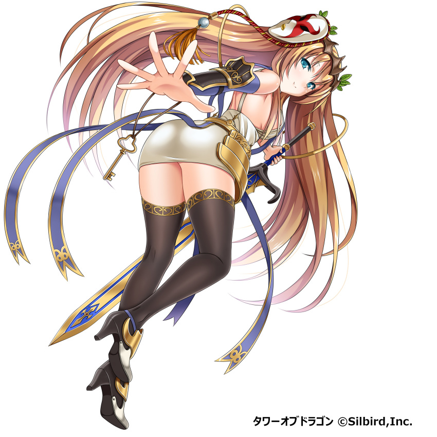1girl absurdres black_thighhighs blue_eyes breasts brown_hair detached_sleeves female_focus full_body hair_ornament highres holding holding_sword holding_weapon key long_hair looking_at_viewer medium_breasts sideboob simple_background smile solo sword thighhighs tower_of_dragon violetshit weapon white_background