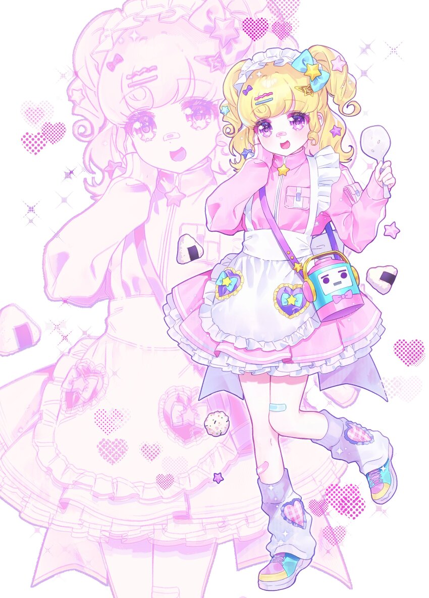 1girl absurdres apron blonde_hair blush chuu0105 food frilled_apron frilled_skirt frills full_body hand_on_own_cheek hand_on_own_face heart highres holding holding_spoon idol_time_pripara jacket jersey_maid long_sleeves looking_at_viewer loose_socks maid maid_apron onigiri open_mouth pink_jacket pleated_skirt pretty_series pripara purple_eyes shoes skirt smile sneakers socks solo sparkle spoon standing star_(symbol) track_jacket two_side_up unconventional_maid white_apron white_socks yume_kawaii yumekawa_yui