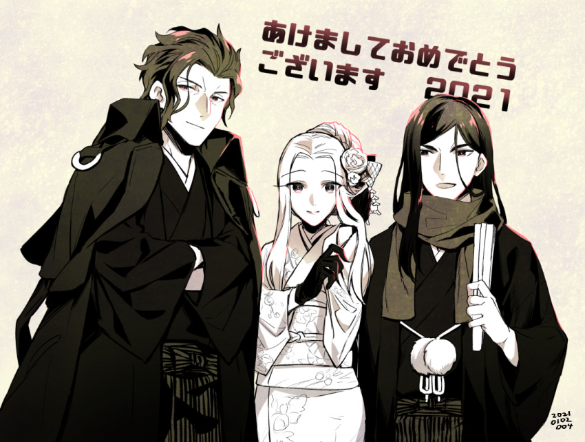 1girl 2boys coat coat_on_shoulders commentary_request dated fate/grand_order fate/stay_night fate_(series) flower folding_fan gloves greyscale hair_flower hair_ornament hakama hand_fan holding holding_fan japanese_clothes justeaze_lizrich_von_einzbern kimono long_hair makiri_zolgen monochrome multiple_boys obi open_mouth sash sepia smile tohsaka_nagato translation_request ycco_(estrella)