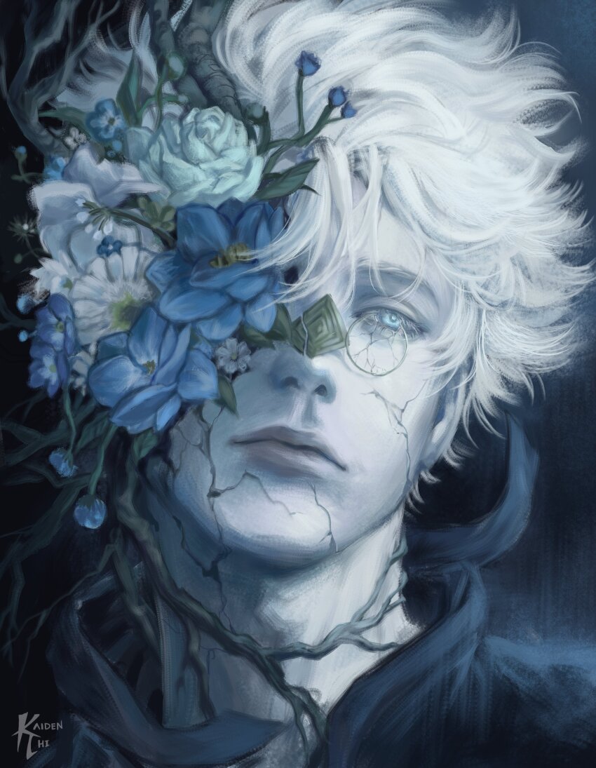 1boy absurdres blue_eyes body_horror broken_eyewear cracking_skin flower highres injury kaidenchii male_focus plant qifrey_(tongari_boushi_no_atelier) solo tongari_boushi_no_atelier upper_body vines white_hair