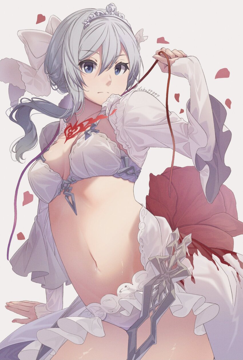 1girl armor bad_id bad_twitter_id blue_eyes bow bra closed_mouth debuff999 expressionless flower frilled_skirt frills grey_hair hair_bow hair_bun high-low_skirt highres holding holding_ribbon lingerie long_sleeves looking_to_the_side navel panties petals red_flower red_rose ribbon rose short_hair simple_background single_sidelock sinoalice skirt snow_white_(sinoalice) solo tiara underwear wide_sleeves