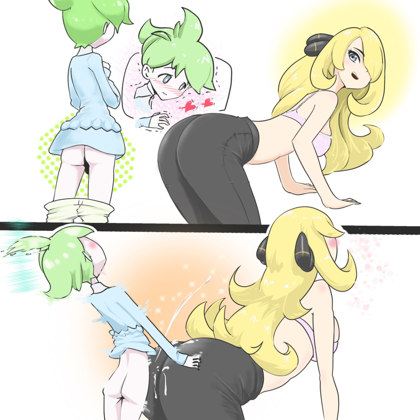 1boy 1girl age_difference ass blonde_hair blush bra clothes_pull cum cynthia_(pokemon) dry_humping female green_hair grey_eyes hetero highres humping long_hair male microsd_(pibo) nintendo olm onee-shota pants pants_pull pokemon pokemon_(game) pokemon_dppt pokemon_oras short_hair shota simple_background underwear wally_(pokemon) white_background