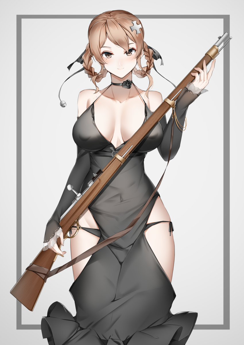 1girl absurdres bare_hips bare_shoulders black_choker black_dress black_panties black_ribbon blush braid braided_hair_rings breasts brown_eyes brown_hair choker cleavage closed_mouth commentary_request covered_erect_nipples cross detached_sleeves dress dreyse_m1841 feet_out_of_frame female_focus grey_background gun hair_rings highres holding holding_gun holding_weapon iron_cross large_breasts long_sleeves looking_at_viewer lubikaya mole mole_under_eye original panties ribbon side-tie_panties sleeves_past_wrists smile solo standing underwear weapon
