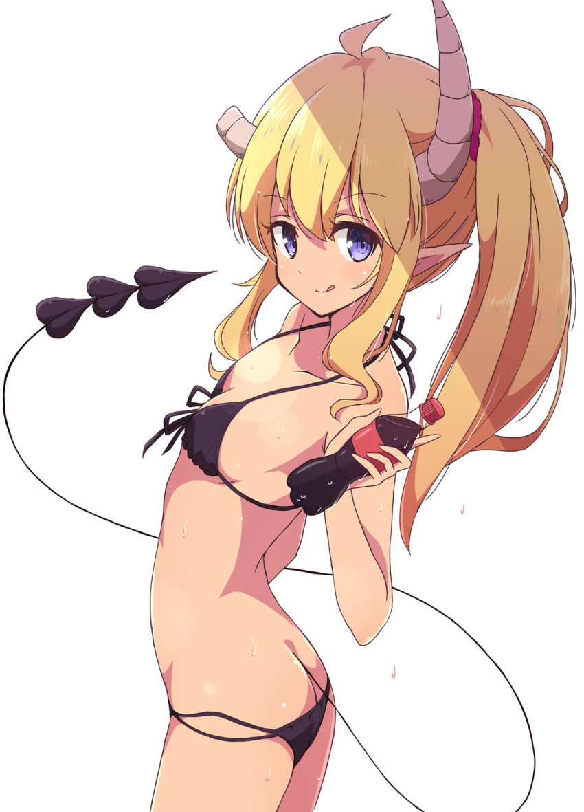 1girl ass bikini blonde_hair blue_eyes bottle breasts broken_horn butt_crack cola commentary cowboy_shot demon_girl demon_horns demon_tail drink flat_chest halterneck highres horns licking_lips lilith_(machikado_mazoku) looking_at_viewer lowleg lowleg_bikini machikado_mazoku mel_(melty_pot) pointy_ears simple_background small_breasts soda_bottle solo string_bikini swimsuit tail tongue tongue_out white_background