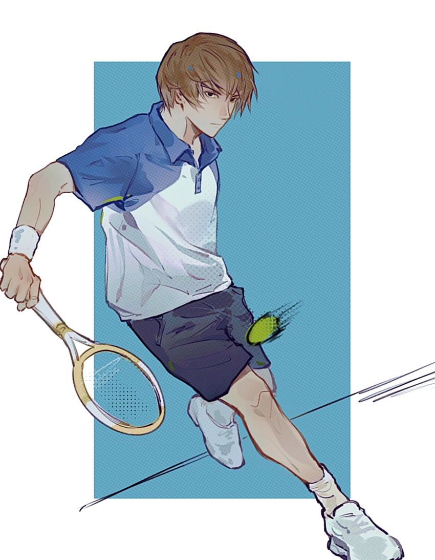 1boy alternate_costume armband ball black_shorts brown_eyes brown_hair chinese_commentary closed_mouth collared_shirt commentary_request death_note highres holding holding_tennis_racket male_focus open_collar racket shiragon shirt shoes short_sleeves shorts socks solo sportswear tennis tennis_ball tennis_racket tennis_uniform white_shoes white_socks wing_collar yagami_light