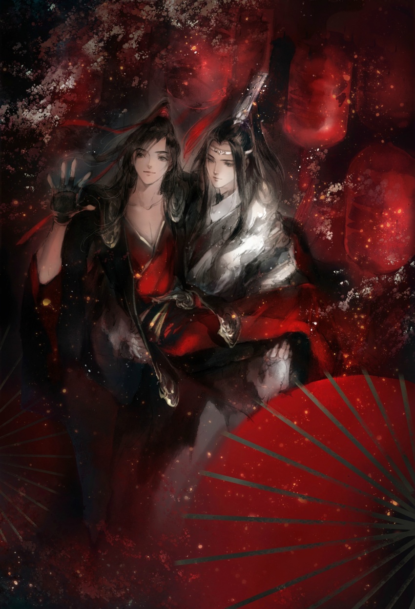 2boys absurdres alternate_costume black_coat black_gloves black_hair carrying chinese_clothes closed_mouth coat collarbone couple faux_traditional_media fingerless_gloves fur_collar gloves grey_eyes hair_ribbon hand_up hanfu headband high_ponytail highres ink_wash_painting kcllzas163 lan_wangji lantern light_particles long_hair looking_at_another looking_at_viewer male_focus modao_zushi multiple_boys oil-paper_umbrella open_clothes open_coat paper_lantern pectoral_cleavage pectorals ponytail princess_carry red_hanfu red_ribbon red_theme red_umbrella ribbon robe smile third-party_source umbrella wei_wuxian white_hanfu white_headband wide_sleeves xiao_guan_(headdress) yaoi