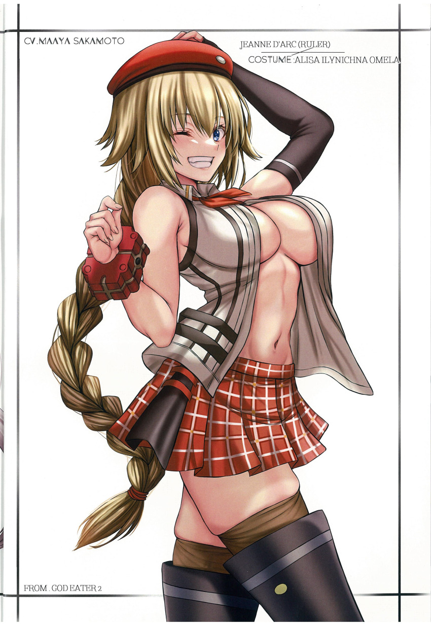 1girl absurdres alisa_ilinichina_amiella alisa_ilinichina_amiella_(cosplay) arm_up bare_shoulders beret blonde_hair blue_eyes boots bracelet braid breasts character_name cleavage copyright_name cosplay fate/grand_order fate_(series) fingerless_gloves fingernails gloves god_eater god_eater_2:_rage_burst hat highres holding jeanne_d&#039;arc_(fate) jeanne_d&#039;arc_(ruler)_(fate) jewelry large_breasts long_hair looking_at_viewer navel one_eye_closed parted_lips pleated_skirt sakamoto_maaya scan simple_background single_braid single_glove skirt sleeveless smile solo stomach takecha teeth thigh_boots thighhighs thighs voice_actor_connection white_background zettai_ryouiki