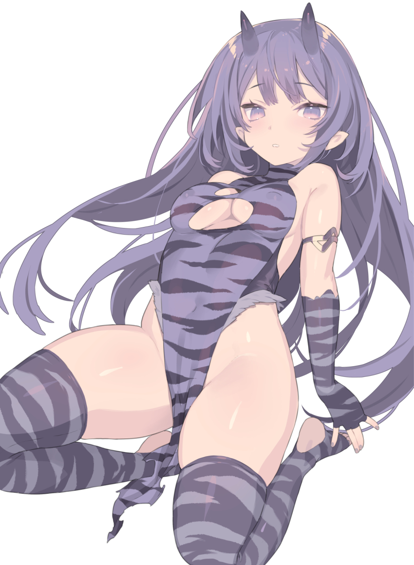 1girl animal_print blade_(galaxist) blue_eyes blue_hair breasts covered_erect_nipples fingerless_gloves gloves highres horns kneeling leotard long_hair looking_at_viewer medium_breasts oni_horns original parted_lips print_gloves print_leotard setsubun simple_background solo thighs tiger_print white_background