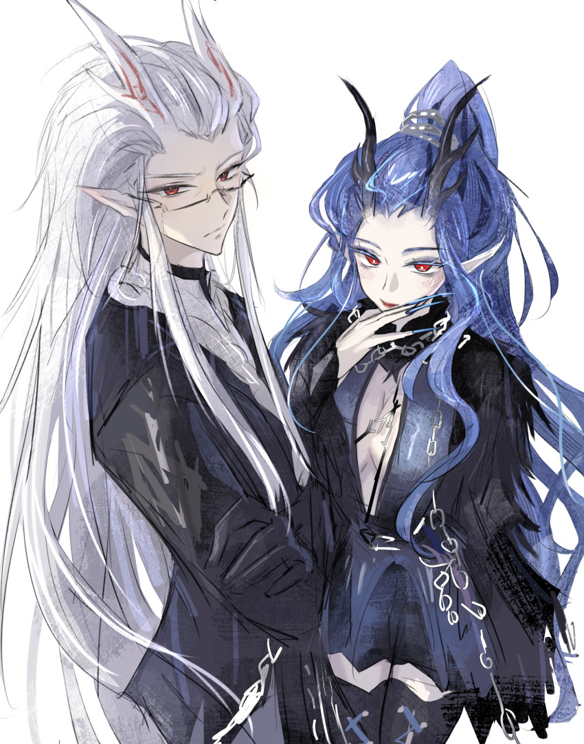 1boy 1girl ao_guang_(nezha_zhi_motong_jiangshi) ao_run_(nezha_zhi_motong_jiangshi) black_dress black_thighhighs blue_hair brother_and_sister dragon_girl dragon_horns dress highres horns long_hair nezha_zhi_motong_jiangshi nianshuoshuo pointy_ears red_eyes siblings thighhighs very_long_hair white_hair