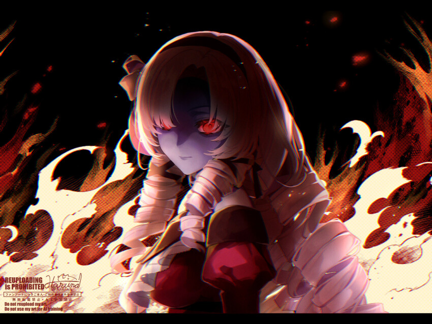 1girl alternate_eye_color alternate_skin_color artist_name black_hairband black_ribbon closed_mouth colored_skin commentary_request dark_persona dress drill_hair drill_sidelocks fire glowing glowing_eyes hair_ribbon hairband haruna_(hrnrnh) highres hyakumantenbara_salome hyakumantenbara_salome_(1st_costume) juliet_sleeves letterboxed long_hair long_sleeves looking_at_viewer looking_to_the_side nijisanji off-shoulder_dress off_shoulder parted_bangs puffy_sleeves purple_hair purple_skin red_dress red_eyes ribbon shaded_face sidelocks signature solo twitter_username upper_body virtual_youtuber watermark