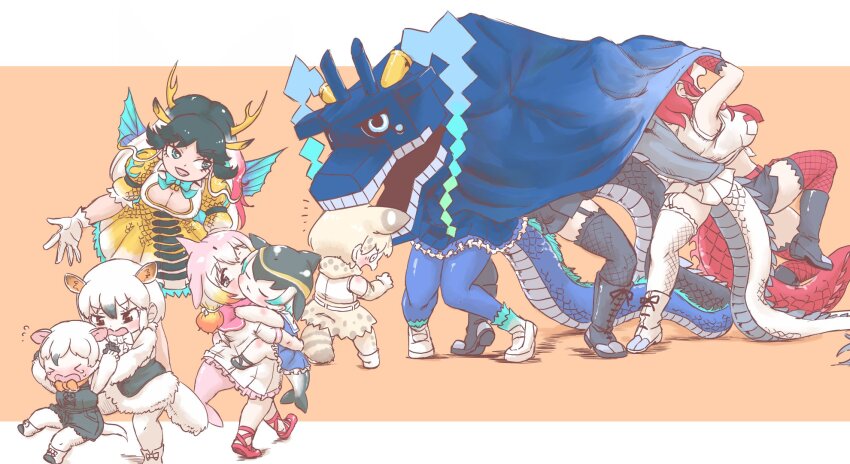 &gt;_&lt; 6+girls aged_down animal_ears animal_print anteater_ears anteater_tail bare_shoulders black_corset black_dragon_(kemono_friends) black_footwear black_gloves black_hair black_shorts black_skirt black_thighhighs blonde_hair blowhole blue_bow blue_bowtie blue_dress blue_eyes blue_pantyhose blue_skirt blue_socks boots bow bowtie brown_eyes cat_ears cat_girl cat_tail cetacean_tail child chinese_white_dolphin_(kemono_friends) closed_eyes common_dolphin_(kemono_friends) corset dolphin_girl dorsal_fin dragon_dance dragon_girl dragon_horns dragon_tail dress elbow_gloves extra_ears fins fish_tail frilled_dress frilled_skirt frills garter_straps giraffe_ears giraffe_horns gloves hair_between_eyes high-waist_skirt highres horns kemono_friends kirin_(kemono_friends) loafers long_hair long_sleeves maki_(02uh14l1b740ao2) multicolored_hair multiple_girls necktie orange_hair pantyhose pink_eyes pink_hair pleated_skirt print_bow print_bowtie print_gloves print_skirt print_thighhighs puffy_short_sleeves puffy_sleeves red_dragon_(kemono_friends) red_footwear red_hair red_necktie red_thighhighs sailor_collar sailor_dress scales seiryuu_(kemono_friends) shirt shoes short_hair short_shorts short_sleeves short_twintails shorts sidelocks skirt socks southern_tamandua_(kemono_friends) southern_tamandua_ex_(kemono_friends) tail thighhighs twintails white_bow white_bowtie white_dragon_(kemono_friends) white_dress white_footwear white_hair white_pantyhose white_serval_(kemono_friends) white_shirt white_skirt white_thighhighs wings yellow_dress zettai_ryouiki
