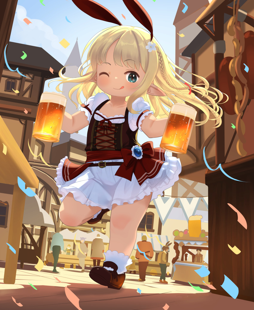 1girl absurdres animal_ears beer_mug blue_eyes blush braid brown_corset brown_shoes closed_mouth confetti corset crowd cup dress fake_animal_ears final_fantasy final_fantasy_xiv flat_chest full_body german_clothes highres lalafell licking_lips long_hair looking_at_viewer mug pointy_ears rabbit_ears shelldy shoes smile standing standing_on_one_leg tongue tongue_out town warrior_of_light_(ff14) white_dress