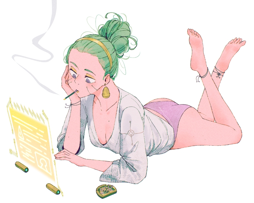 1girl ashtray ass bangs_pinned_back barefoot breasts cigarette cleavage closed_mouth collarbone commentary elbow_rest english_commentary feet_up forehead full_body green_hair hair_bun hairband hand_on_own_cheek hand_on_own_face hand_up highres holographic_interface lying medea_(spindle_(aidenr0)) multiple_moles no_pants on_stomach original panties pink_panties print_panties print_shirt purple_eyes scoop_neck shirt simple_background single_hair_bun smoke smoking solo spindle_(aidenr0) three-quarter_sleeves underwear white_background white_shirt yellow_hairband
