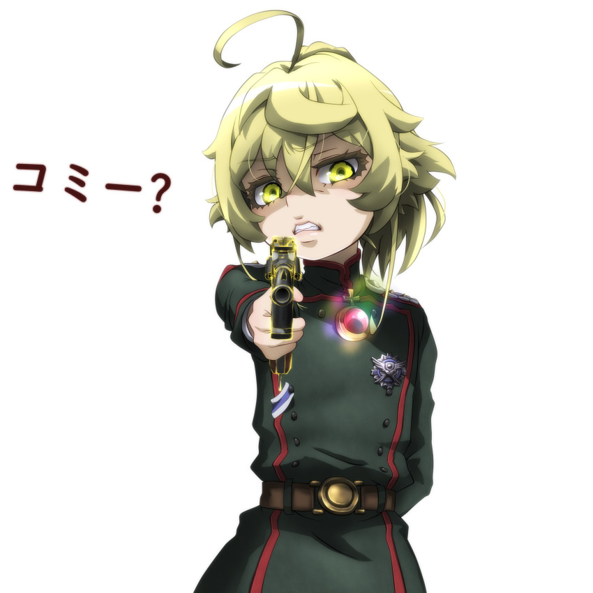 1girl ahoge aiming arm_behind_back blonde_hair blue_eyes clenched_teeth eyebrows female_focus genya_(genya67) gun handgun highres holding holding_gun holding_weapon looking_at_viewer military military_uniform pointing pointing_at_viewer short_hair simple_background solo standing tanya_degurechaff teeth translation_request upper_body weapon white_background youjo_senki