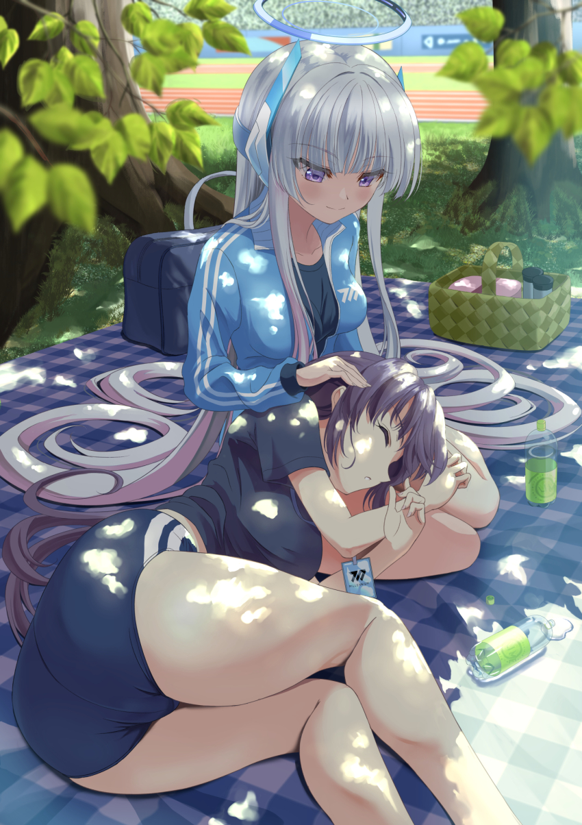 2girls bag basket black_shirt blue_archive blue_buruma blue_jacket bottle breasts buruma closed_eyes closed_mouth day grey_hair hair_spread_out halo highres id_card jacket kagura_hiromu leaf long_hair mechanical_halo medium_breasts multiple_girls noa_(blue_archive) official_alternate_costume open_mouth outdoors purple_eyes purple_hair shirt sleeping smile track_jacket tree yuuka_(blue_archive) yuuka_(track)_(blue_archive)
