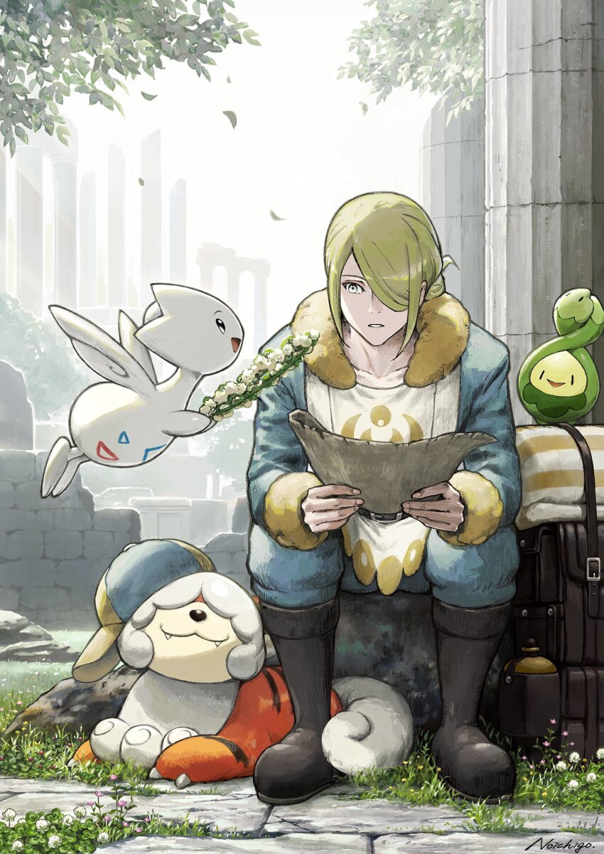1boy black_boots blonde_hair blue_eyes boots budew eye_contact flower flower_wreath gen_2_pokemon gen_4_pokemon ginkgo_guild_uniform grass hair_over_one_eye hat highres hisuian_growlithe holding holding_map looking_at_another male_focus map newsboy_cap nintendo no_ichigo outdoors parted_hair parted_lips pillar pokemon pokemon_(creature) pokemon_legends:_arceus ruins sitting togetic tree unworn_headwear volo_(pokemon) white_flower