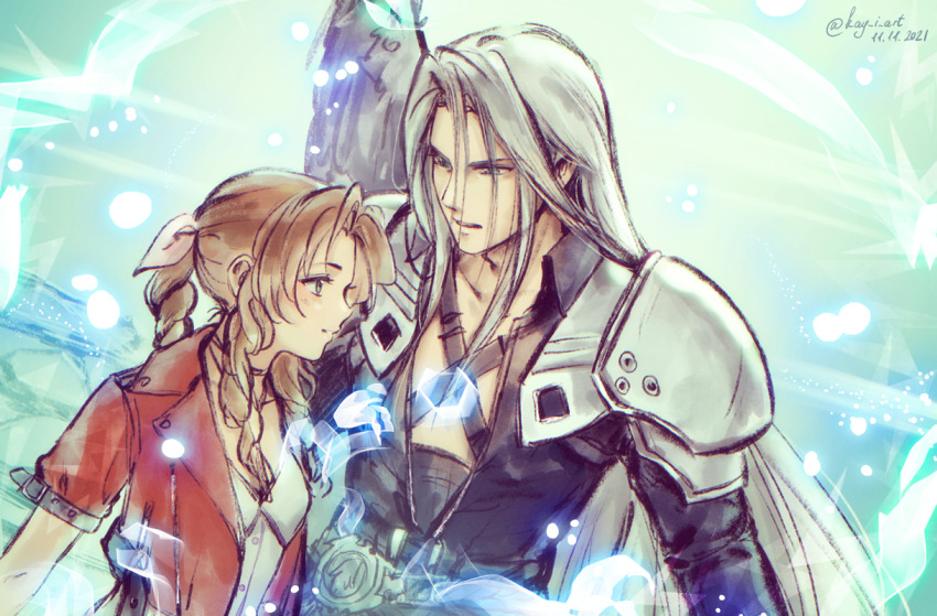 1boy 1girl 2021 aerith_gainsborough armor brown_hair collarbone couple dated dutch_angle final_fantasy final_fantasy_vii final_fantasy_vii_remake hair_between_eyes hair_intakes jacket kay-i lifestream long_hair open_clothes open_jacket parted_lips ponytail red_jacket sephiroth shirt short_sleeves shoulder_armor sidelocks silver_hair sketch smile square_enix twitter_username very_long_hair white_shirt