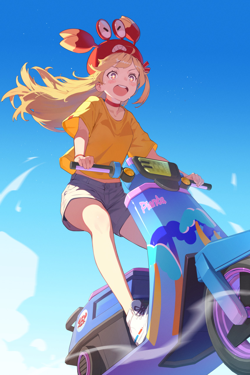 1girl absurdres ahoge blonde_hair blue_sky choker commentary crab_hat cross-shaped_pupils english_commentary highres hololive long_hair moped motor_vehicle open_mouth otonose_kanade red_choker seuhyo99 shirt short_sleeves shorts sky symbol-shaped_pupils virtual_youtuber yellow_shirt