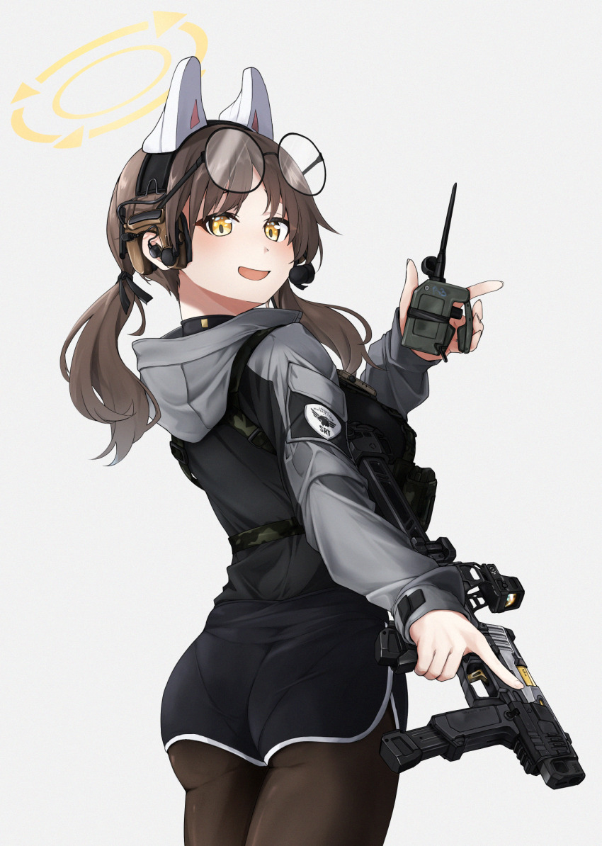 1girl animal_ears black_pantyhose blue_archive brown_hair clov3r cowboy_shot detonator dolphin_shorts earpiece eyewear_on_head fake_animal_ears grey_hood gun halo handgun highres holding holding_gun holding_weapon hood hood_down hoodie long_sleeves moe_(blue_archive) open_mouth pantyhose rabbit_ears shorts sig_sauer sig_sauer_p320 solo twintails weapon white_background yellow_eyes yellow_halo