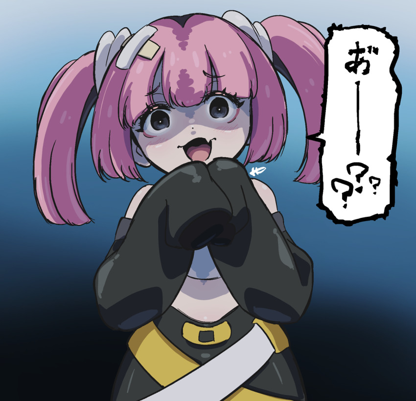 bandaid bandaid_on_head belt coral_(pokemon) eyelashes eyeliner fang h_renah makeup mesugaki nintendo off-shoulder_shirt off_shoulder pink_eyeliner pink_hair pokemon pokemon_(anime) pokemon_horizons shirt sleeves_past_fingers sleeves_past_wrists twintails yellow_belt
