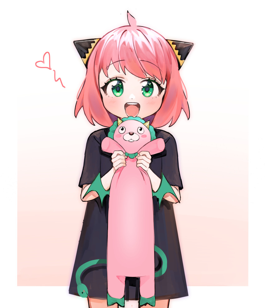 1girl :d absurdres ahoge anya_(spy_x_family) blush child cone_hair_bun director_chimera_(spy_x_family) green_eyes hair_bun heart highres holding holding_stuffed_toy kumaartsu longcat_(meme) looking_at_viewer meme open_mouth pink_hair smile solo spy_x_family standing stuffed_animal stuffed_toy