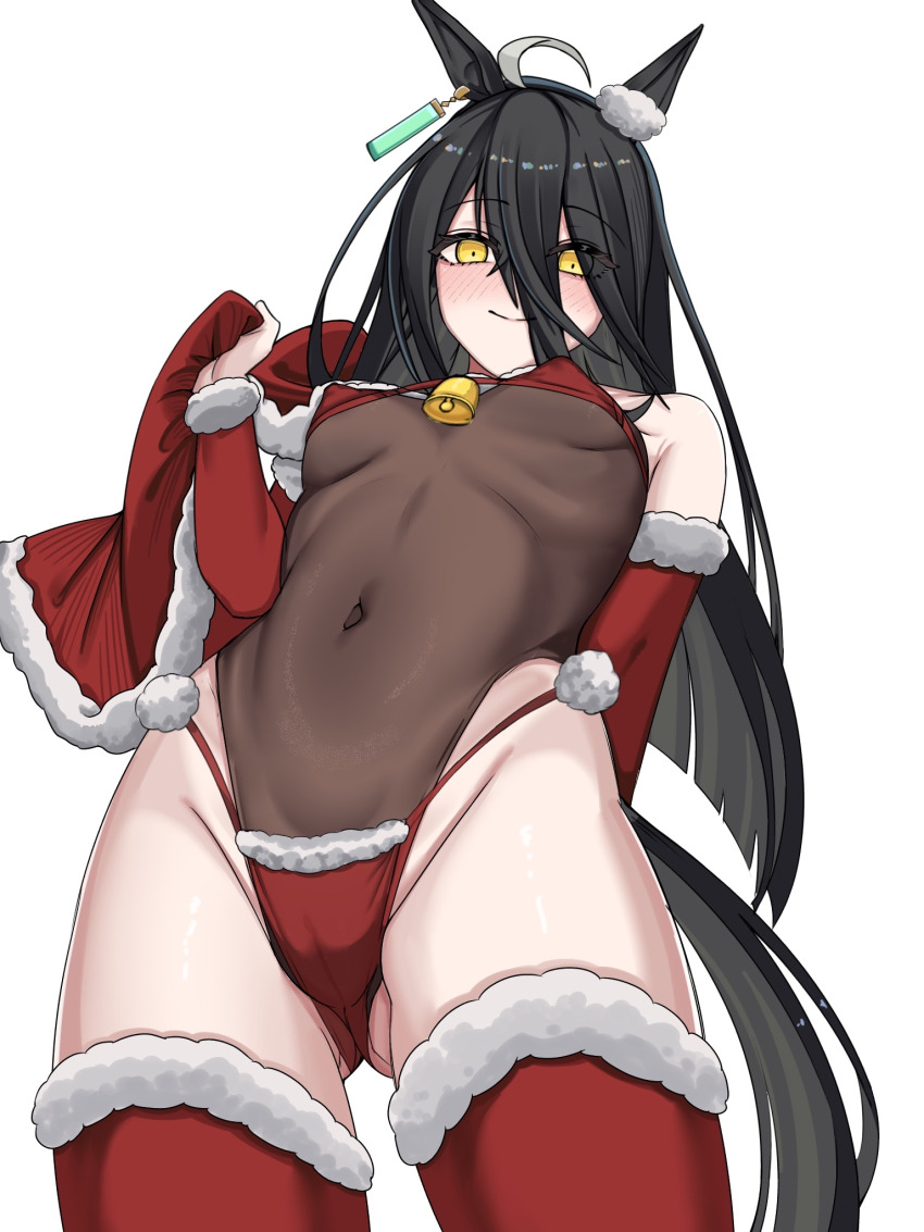 ahoge animal_ears bell bikini black_hair blush breasts cape capelet christmas closed_mouth covered_navel detached_sleeves earrings fur-trimmed_bikini fur-trimmed_thighhighs fur_trim gluteal_fold hair_between_eyes highres holding holding_unworn_cape holding_unworn_clothes horse_ears horse_girl horse_tail jewelry lengkuass leotard long_bangs long_hair looking_at_viewer looking_down manhattan_cafe_(umamusume) multicolored_hair red_bikini red_capelet red_sleeves red_thighhighs santa_bikini santa_costume see-through_clothes see-through_leotard simple_background single_earring small_breasts smile solo swimsuit tail thighhighs umamusume unworn_cape very_long_hair white_background white_hair yellow_eyes