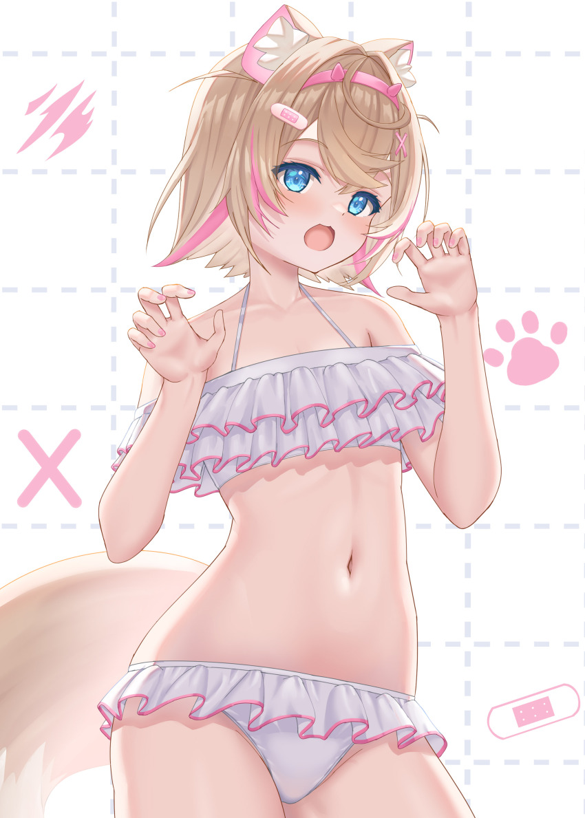 1girl :3 absurdres alternate_costume animal_ears bandaid bandaid_hair_ornament bikini bikini_skirt blonde_hair blue_eyes blush borrowed_design claw_pose commentary crossed_bangs dog_ears dog_girl dog_tail double-parted_bangs fake_horns flat_chest frilled_bikini frills hair_between_eyes hair_intakes hair_ornament hairband halterneck hands_up highres hololive hololive_english horns looking_at_viewer mococo_abyssgard multicolored_hair nail_polish navel off-shoulder_bikini off_shoulder open_mouth pink_hair pink_hairband pink_nails short_hair solo stomach streaked_hair swimsuit tail two_side_up uehiro virtual_youtuber white_bikini x_hair_ornament